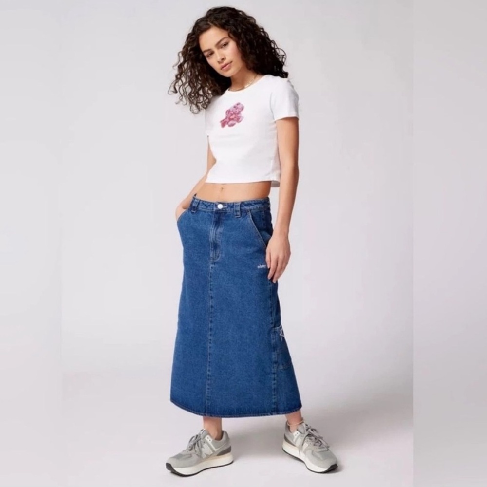 Obey Denim Blue Jean Skirt Size 32 Cotton denim midi stars embroidered logo